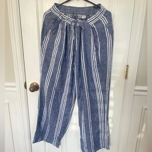 Old Navy Size XL Linen Blend Lagenlook Blue/White Striped Wide Leg